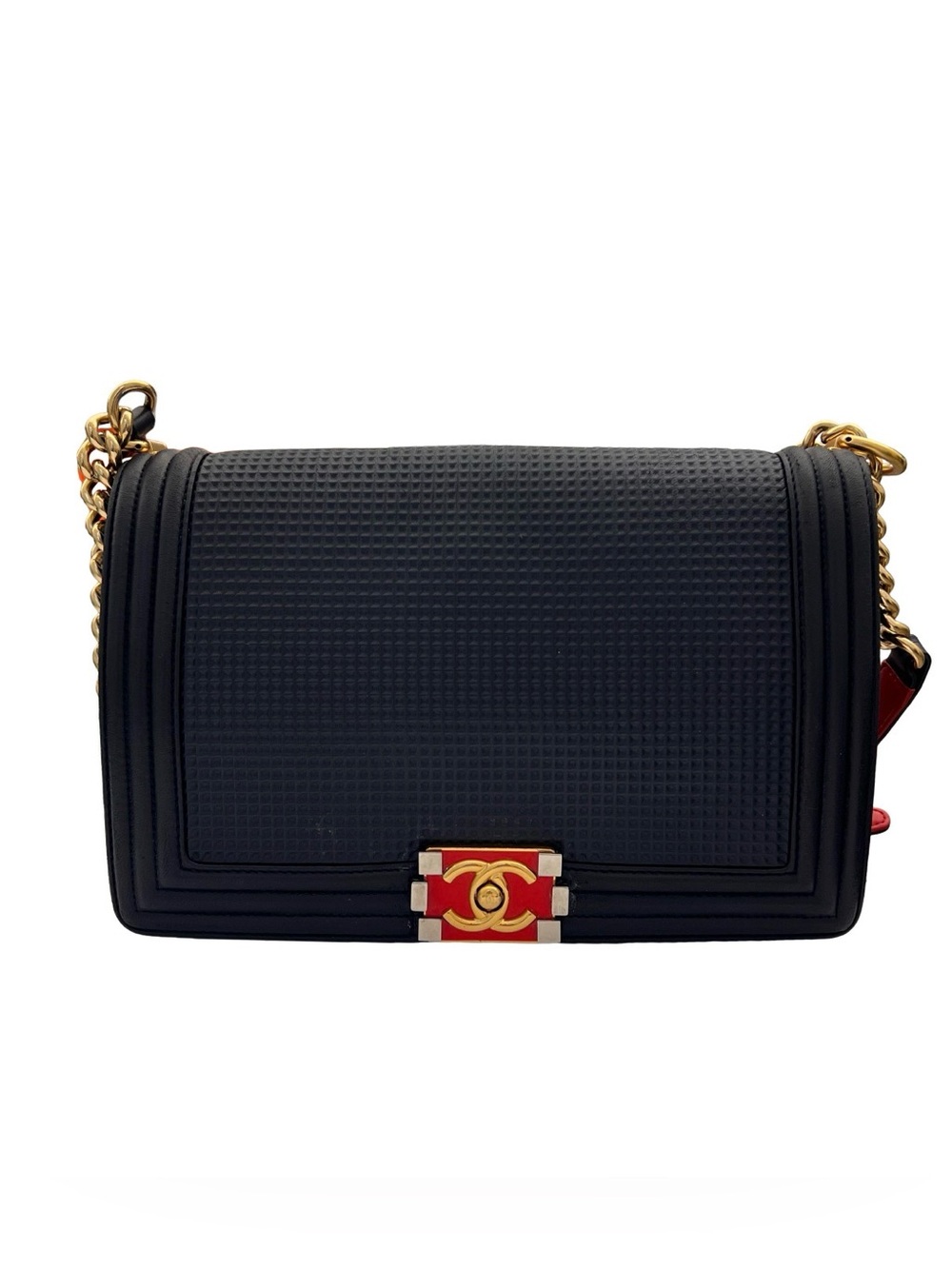 Authentic Chanel Navy Quilted Medium Boy Bag with Red & Gold Accent